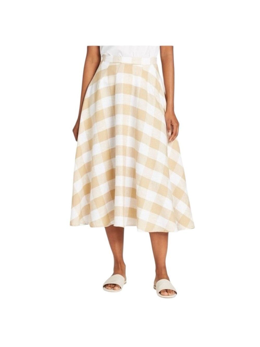 NWT Who What Wear linen blend tan white gingham check full circle midi skirt 6